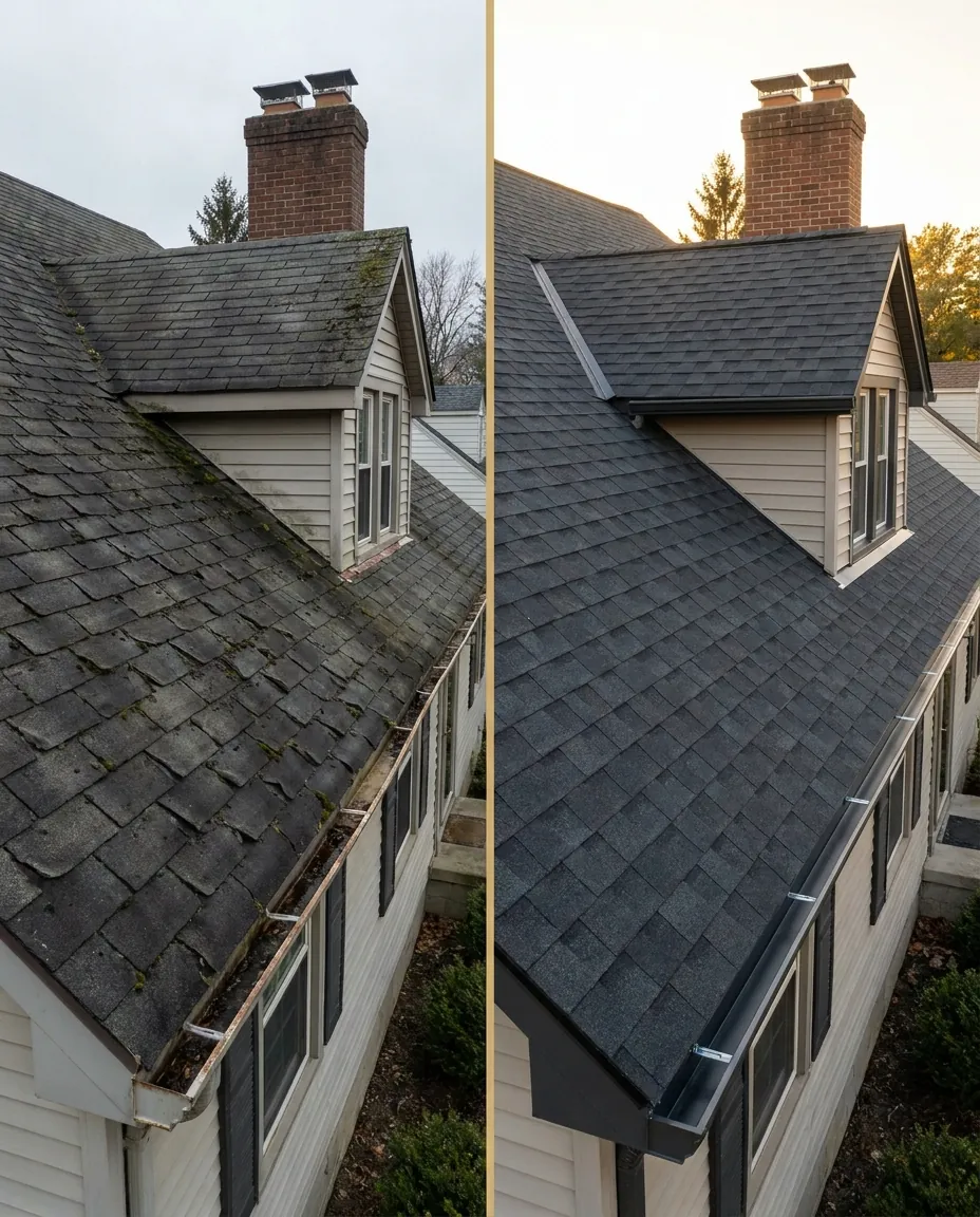 Roofing project before and after